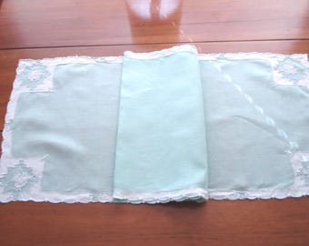 Vintage Madeira Runner - Appliqued Roses & Embroidery - Mint Green Linen - 16" W x 54" L
