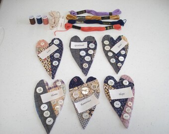 Inspirational Words Slow Stitch Kit - 6 Antique Quilted Hearts for making Hanging Ornaments or Creative Clothing Patches - #184