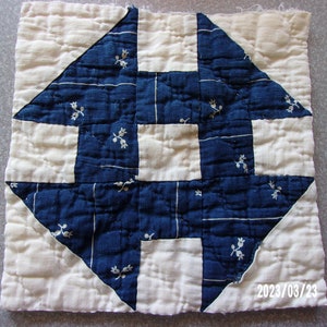 Antique 1800&#39;s Churn Dash Quilt Block - Indigo - Hand Pieced & Quilted - Authentic - Framing - Creative Projects - Repairs - 7 Inch - #9