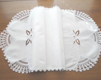 Vintage Cutwork Embroidery & Crochet Runner - Pristine White - 16" W x  22" L