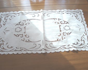 Vintage Cutwork Embroidery Runner - Pristine White Linen - 16" W x  30" L