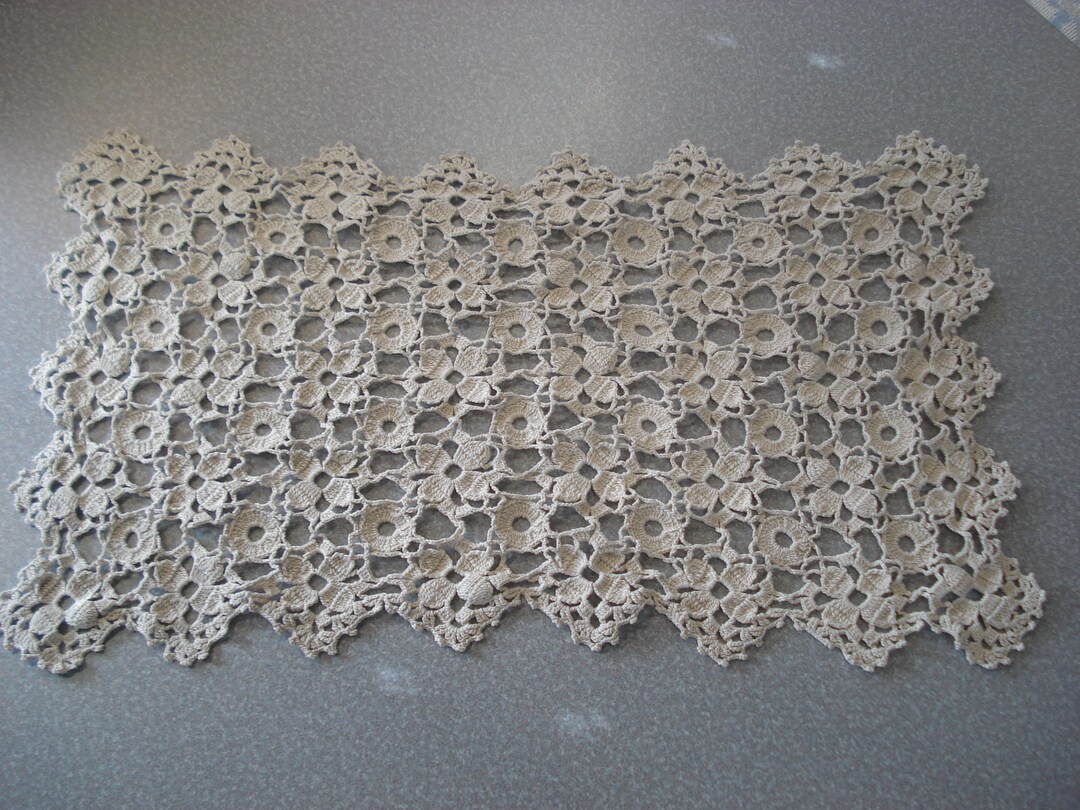 Antique Hand Crocheted Centerpiece Table Mat Taupe Color Flower Design