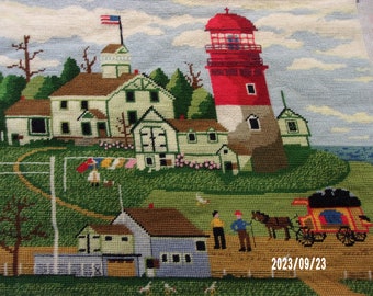 American Folk Art - Rare Vintage Finished Needlepoint - Lighthouse Living - Charles Wysocki - Farmhouse Style - Cottage Decor - 18" x 14"