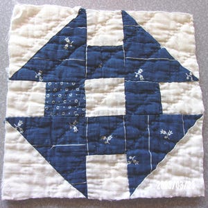 Antique 1800&#39;s Churn Dash Quilt Block - Indigo - Hand Pieced & Quilted - Authentic - Framing - Creative Projects - Repairs - 7 Inch - #12