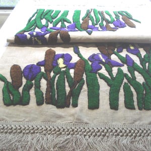 Fabulous Antique Arts and Crafts Linen Buffet Scarf Table Runner - Purple Iris & Cattails - Punch Work Embroidery - Extra Long - 72&quot; x 21&quot;