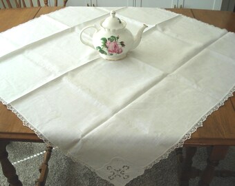 Antique Pristine White Linen Teacloth - Cutwork Embroidery Work - Luncheon Cloth - 42 x 40 Inch