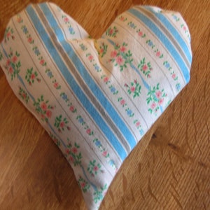 Handmade Heart Sachet Pin Cushion Pink Roses & Blue Stripe Ticking Fabric Filled with Dried Lavender image 3