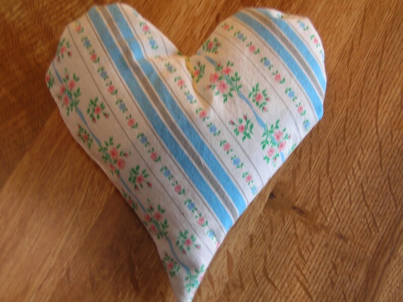 Handmade Heart Sachet Pin Cushion Pink Roses & Blue Stripe Ticking Fabric Filled with Dried Lavender image 3