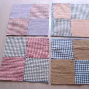 Set of 4 Antique 1930&#39;s Four Patch Quilt Blocks - Primitive - Projects - Hand Pieced & Quilted - Frame Art - Quilt Repair - 6.5 Inch - #1