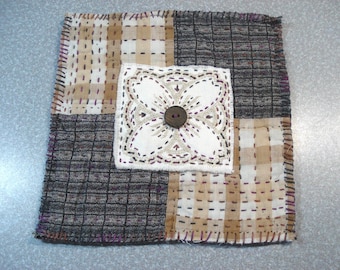 Slow Stitched Fabric Patch - Textile Art - Antique 4 Patch Quilt Block - Sashiko Embroidery - Black & Tan Colors - 6.5"
