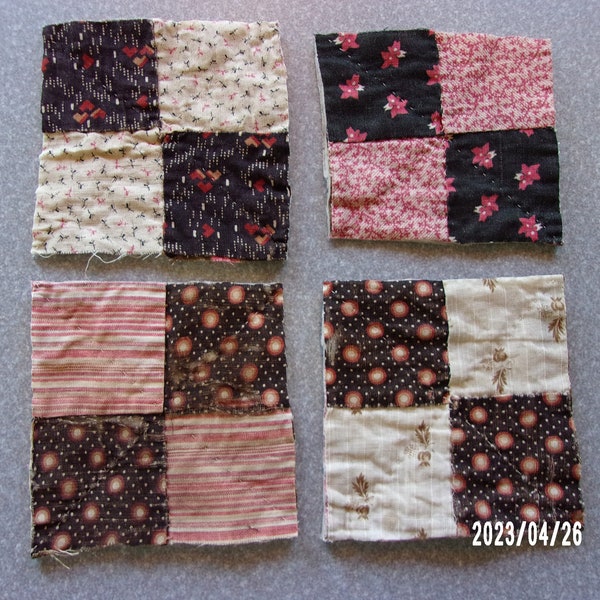 Mid 1800's Antique Quilt Blocks - Florals - Stripes - Pinks Reds Browns - Framing - Creative Projects - Repairs - 3.5" Blocks - #10