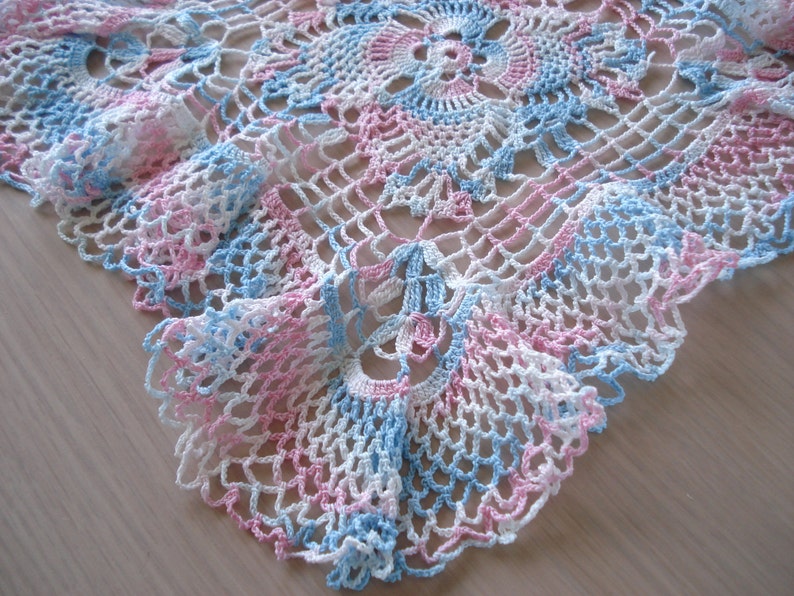 Vintage Variegated Pink & Blue Square Ruffled Scalloped Doily 70 image 1