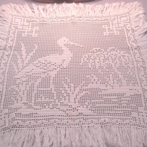 Gorgeous Antique Victorian Square Centerpiece with Fringe - Filet Crochet - Water Scene with Crane - Mission Style - Arts & Crafts - 25&quot;