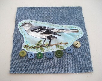 Northern Mockingbird Denim Patch – Hand Stitched Upcycled Textile Art (6" x 6")