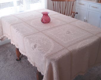 Antique Hand Crocheted Tablecloth - Dining Room - Ecru Color - Floral Design - Farmhouse Style - Wedding - Cottage Core - 60" x 84" - #A92