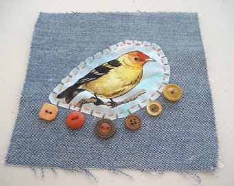Western Tanager Bird Applique Patch – Hand Stitched Upcycled Denim Art (6" x 6")
