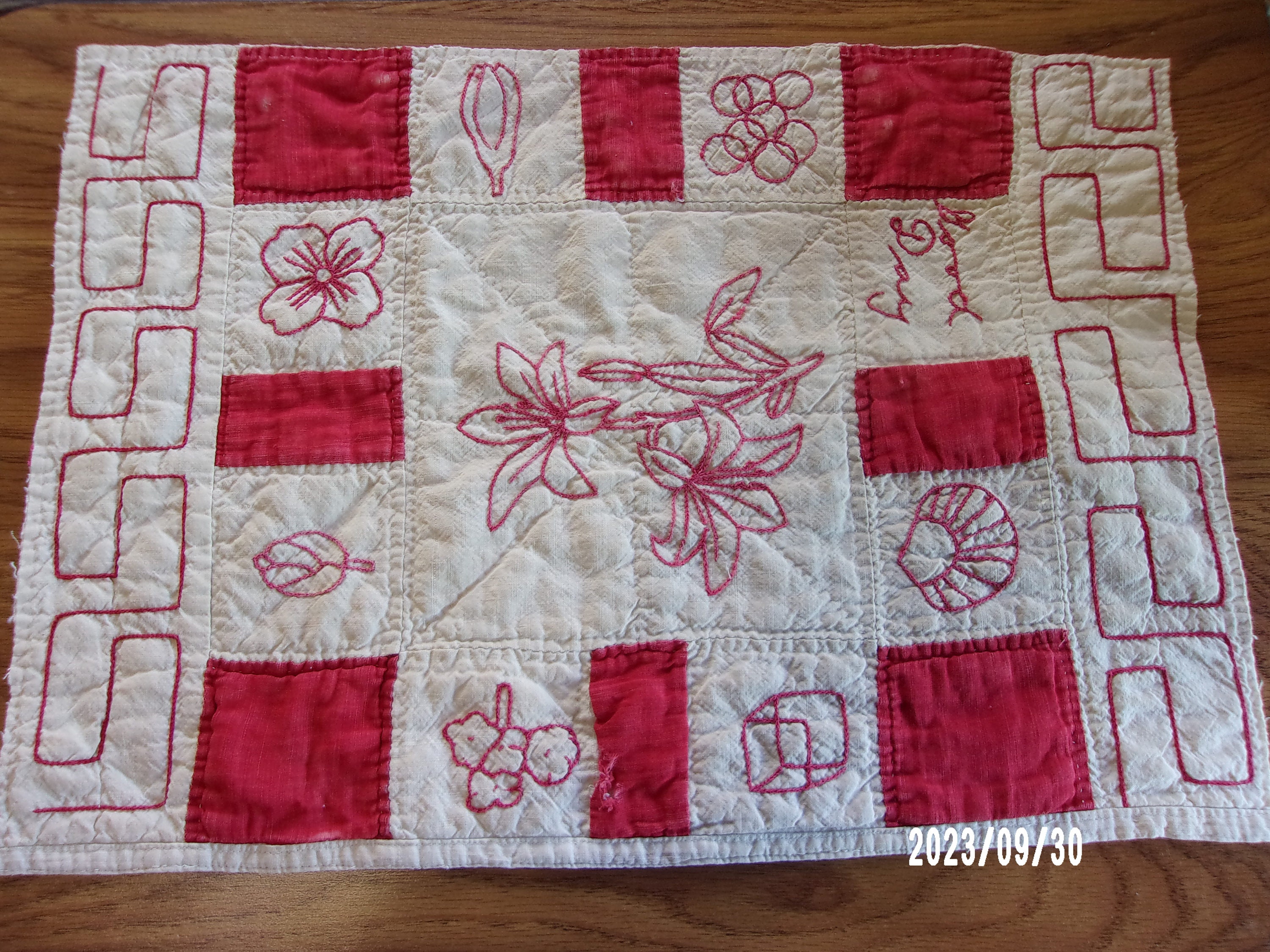Antique 1893 Redwork Quilt Block - Flower Center - Hand Embroidered ...
