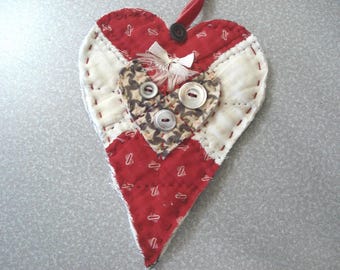Handmade Quilted Heart Door Hanger - Antique Quilt Christmas  Ornament - Embroidery - MOP Buttons - Red & Cream Cottons - Red Velvet Ribbon