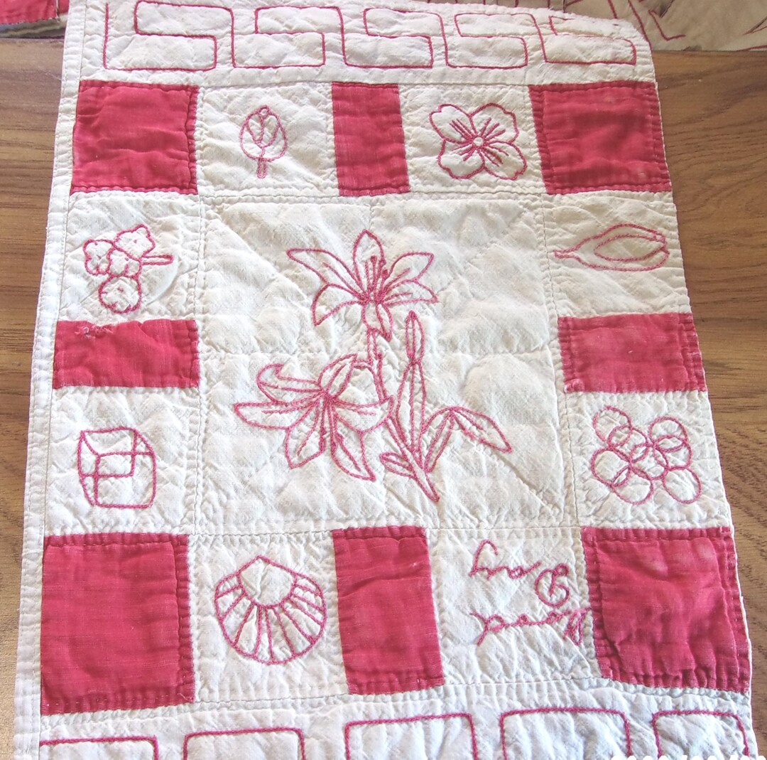 Antique 1893 Redwork Quilt Block - Flower Center - Hand Embroidered ...