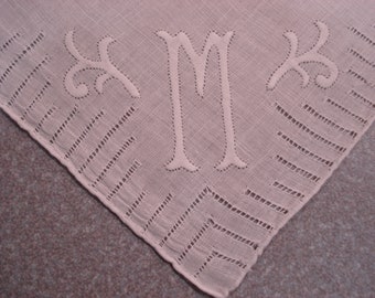 Vintage M Initial Monogram Linen Hankie  - Shadow Work & Drawn Work Embroidery - Hand Rolled Hem - 12 Inch - #415