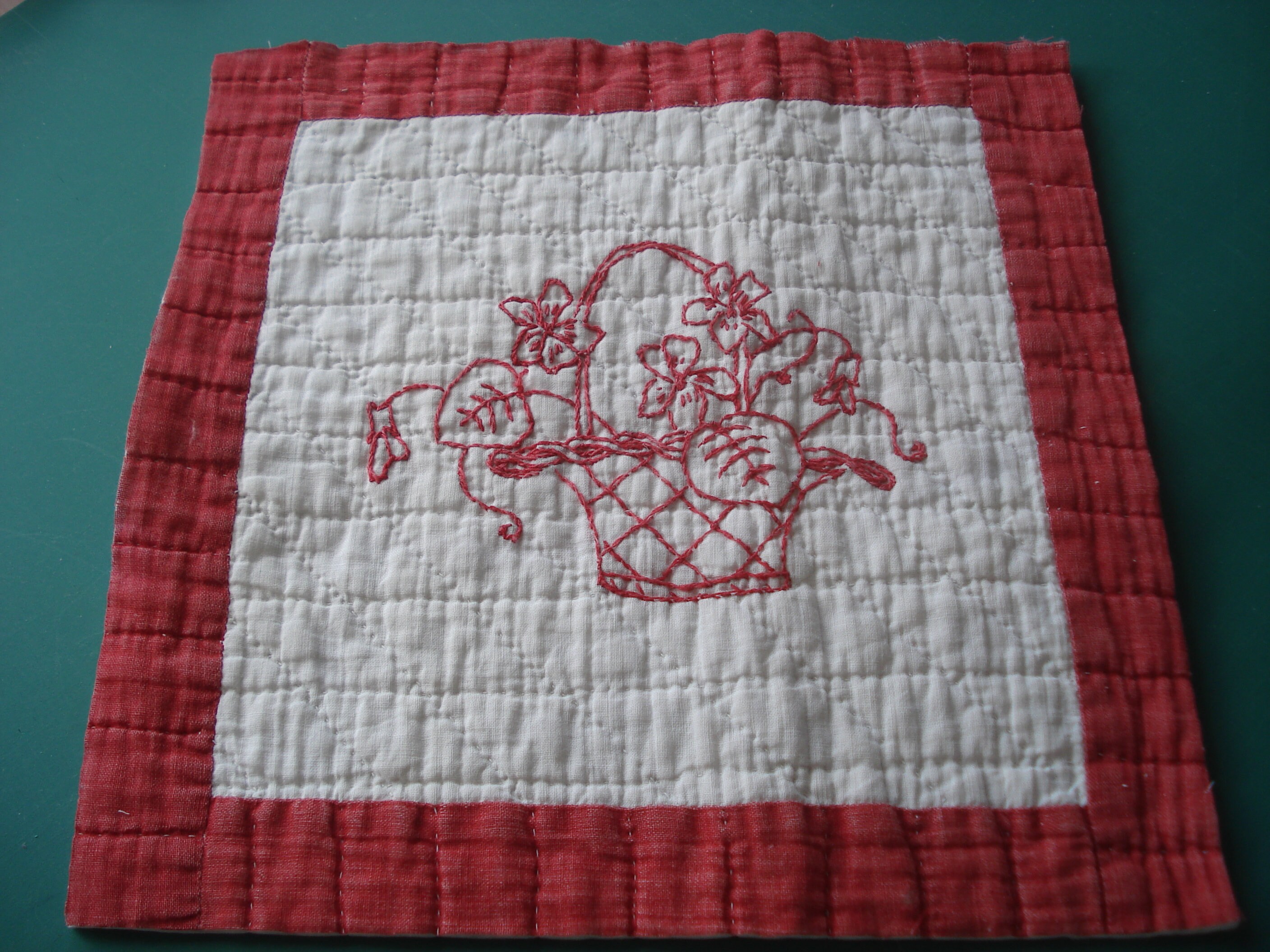 Antique Redwork Flower Basket Quilt Block Red Border Hand Embroidered ...