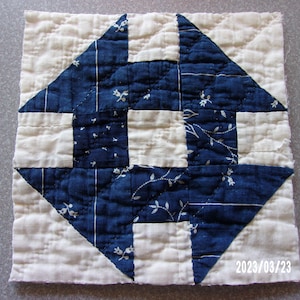 Antique 1800&#39;s Churn Dash Quilt Block - Indigo - Hand Pieced & Quilted - Authentic - Framing - Creative Projects - Repairs - 7 Inch - #11