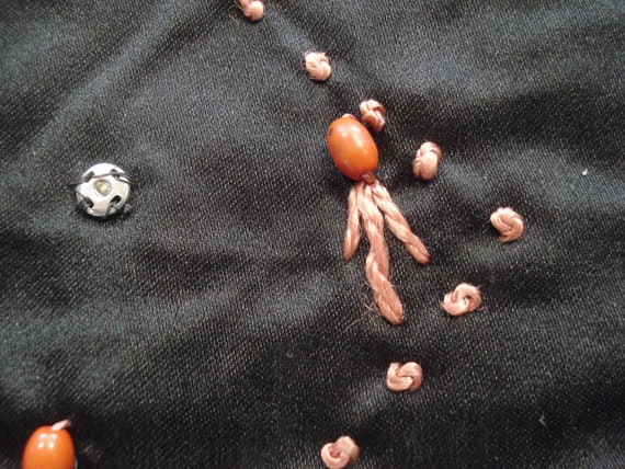 Antique Black Satin Purse - Orange Beads & French… - image 8
