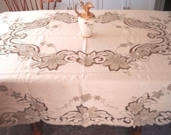 Gorgeous Vintage Madeira Tablecloth with 8 Matching Napkins - Dense Floral Embroidery & Cutwork - Ecru Linen - 66" x 94"