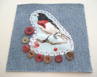 Rose-breasted Grosbeak Denim Patch – Hand Stitched Upcycled Textile Art (6" x 6")