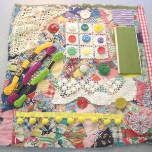 Vintage Slow Stitch Kit - Inspiration Sewing - Junk Journal - Custom Kit - Buttons and Lace - 2 Sided Quilt - Multi-Colors - 26 Pieces - #56