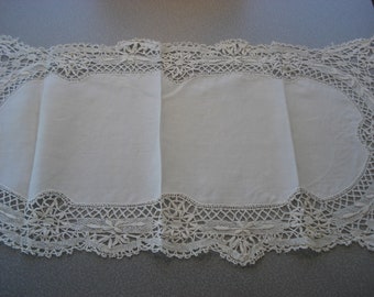 Lovely Antique  Linen Centerpiece - Cluny Bobbin Lace Hems -16 x 32 Inch - A21