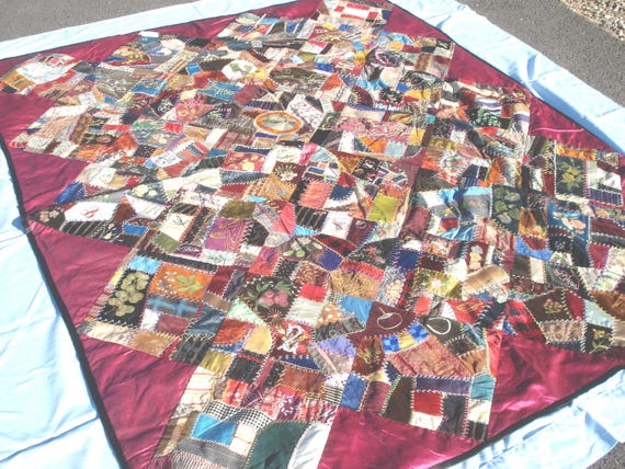Antique 1890's Victorian Museum Quality Crazy Quilt - 42 Hand Painted Squares including Lakes & Rivers - Hand Embroidery Work - 76" x 60"