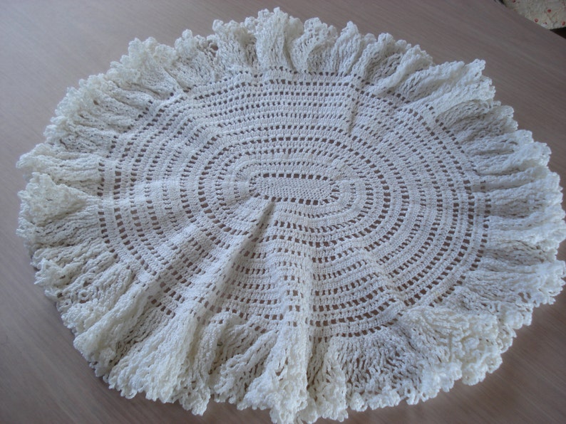 Vintage Handmade Crochet Oblong Doily Frilly Design White Color 14 x 16 51 image 1