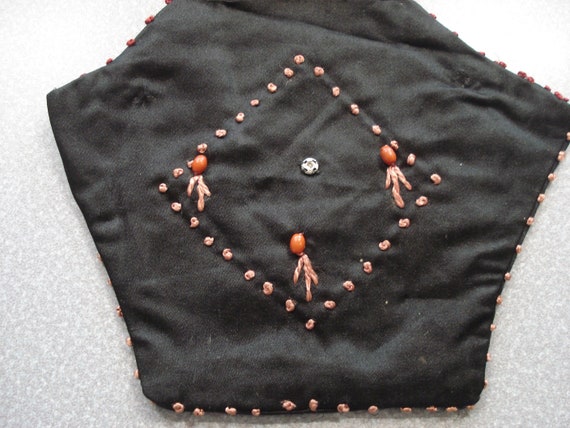 Antique Black Satin Purse - Orange Beads & French… - image 2