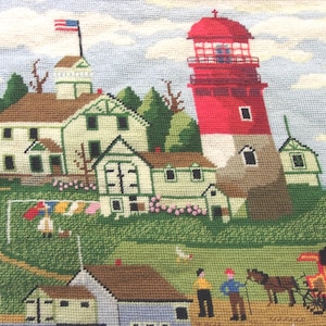 American Folk Art - Rare Vintage Finished Needlepoint - Lighthouse Living - Charles Wysocki - Farmhouse Style - Cottage Decor - 18&quot; x 14&quot;