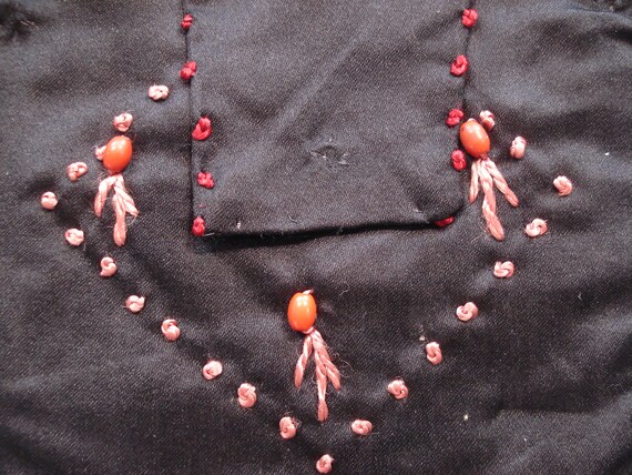 Antique Black Satin Purse - Orange Beads & French… - image 6