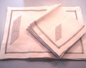 Elegant Vintage Set of 12 Linen Placemats and Dinner Napkins - Monogram AAG -  Ecru Color - Beautiful Hemstitching