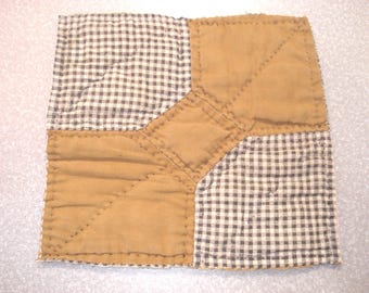 Antique 1800's Bow Tie Quilt Block - Hand Pieced and Quilted - Brown & Black/White Check - Creative Projects - 6 Inch - #1