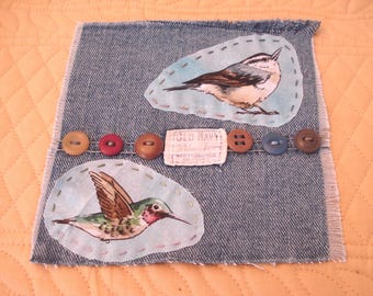 Red-breasted Nuthatch &  Hummingbird Applique Denim Patch - Upcycled Textile Art - Hand Stitched Fabric - Vintage Buttons - 6" x 6"