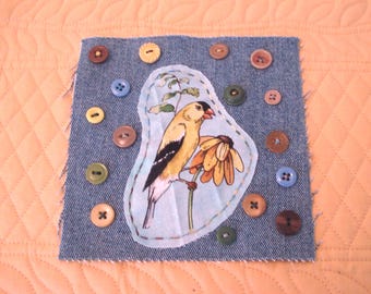 Goldfinch Bird Applique Denim Patch - Upcycled Textile Art - Hand Stitched Fabric - Vintage Buttons - 6" x 6"