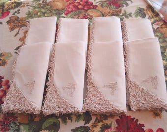 Vintage Linen & Italian Reticella Needle Lace Napkins - Set of 8 - Linen Fabric - Monogram AMBA -  Light Ecru Color - 16 Inch