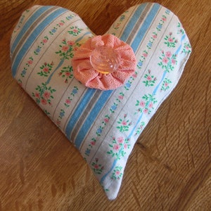 Handmade Heart Sachet Pin Cushion Pink Roses & Blue Stripe Ticking Fabric Filled with Dried Lavender image 1