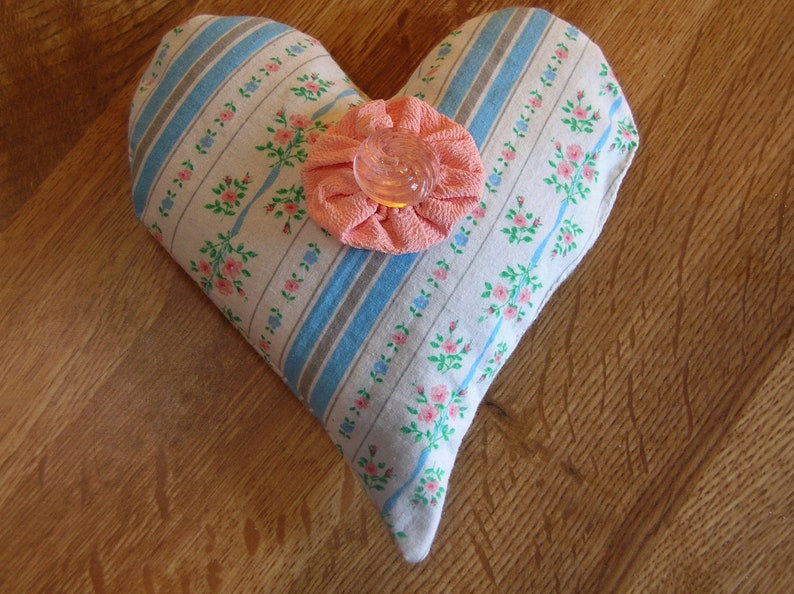 Handmade Heart Sachet Pin Cushion Pink Roses & Blue Stripe Ticking Fabric Filled with Dried Lavender image 1