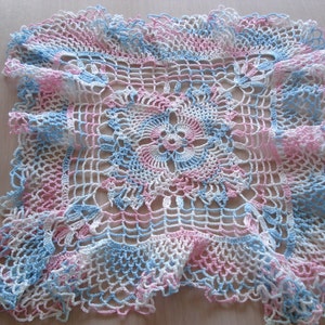 Vintage Variegated Pink & Blue Square Ruffled Scalloped Doily 70 image 2