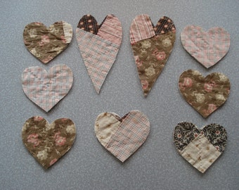 Conjunto de 9 corazones de edredón de apliques antiguos de mediados de 1800 - rosas y marrones - calicos - camisas - proyectos creativos - proyectos de acolchado - #2