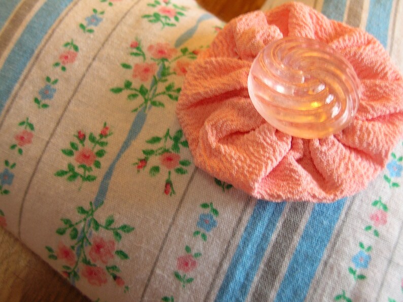 Handmade Heart Sachet Pin Cushion Pink Roses & Blue Stripe Ticking Fabric Filled with Dried Lavender image 2