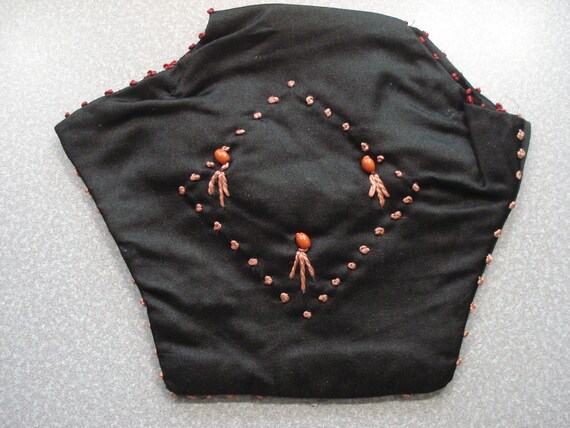 Antique Black Satin Purse - Orange Beads & French… - image 5
