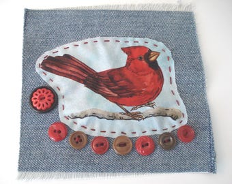 Red Cardinal Bird Applique Denim Patch - Upcycled Textile Art - Hand Stitched Fabric - Vintage Buttons - 6" x 6"