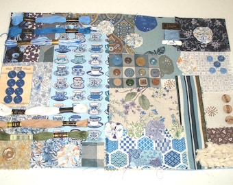 Blue Teacups Slow Stitch Kit - Japanese Sample Fabrics  - Inspiration Sewing - Junk Journal - DIY - Vintage Buttons - 59 Pieces - #185