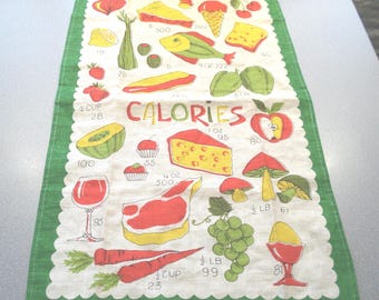 May include: A vintage kitchen towel with a green scalloped border and a white center. The towel features colorful illustrations of various foods, including fruits, vegetables, and desserts, with calorie counts. The word "CALORIES" is printed in red.